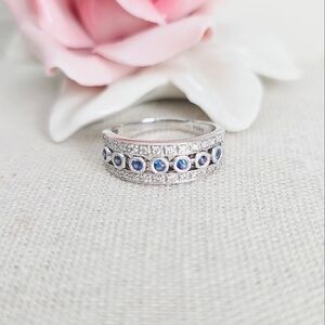 Elegant 14k Blue Sapphires Diamonds White Gold Ring